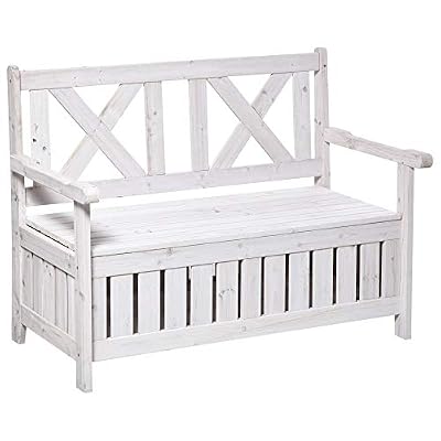 Outsunny Patio Wooden Bench with Storage Box, 29 Gallon Outdoor Storage Bench, Large Entryway Deck Box w/Unique X-Shape Back, for Deck, Porch & Balcony, White