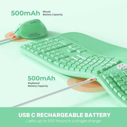 Image of MEETION Ergonomic Keyboard and Mouse, Wireless Keyboard with Vertical Mouse, Split Curved Keyboard with Wrist Rest, USB C Rechargeable Full Size, Windows /Mac /PC /Laptop, Green