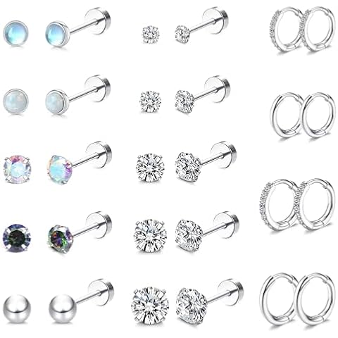 EIELO Surgical Steel Earrings for Sensitive Ears Hypoallergenic 20G Stainless Steel Stud Hoop Earrings for Women Men Flat Back Cartilage Earrings 14 Pairs Cover