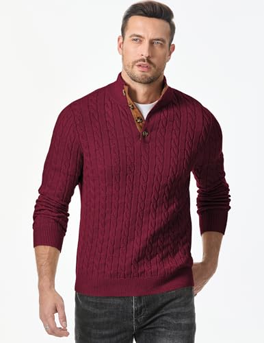 Image of JMIERR Men's Cable Knit Pullover Sweater Casual Long Sleeve Stand Collar Button Knitted Sweaters