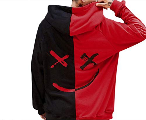 Abendedian Men's Casual Smile Face Colorblock Hoodies Print Long Sleeve Sweatshirt Fashion Hip-Hop Pullover Couple T-Shirt (Black-Red, Medium) #TOP1