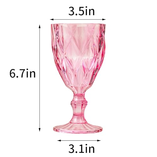 Image of 32 Pack Vintage Wine Glasses, Plastic Reusable 12 Ounce Colored Water Goblets, Unique Embossed Pattern Unbreakable Stemmed Wine Glasses, High Clear Wedding Party Bar Drinking Cups Pink