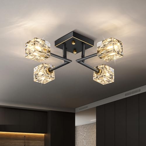 JUJUQI Modern Crystal Ceiling Light Black and Gold 4-Lights,Semi Flush Mount Sputnik Chandelier with Rectangular K9 Crystals for Hallway Corridor Bedroom