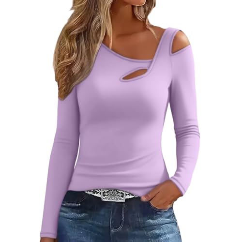 Camiseta de manga larga para mujer con cortes - Parte superior que realza la figura con escote asimétrico | Camiseta moderna para un aspecto refinado, Style_k08purple, S