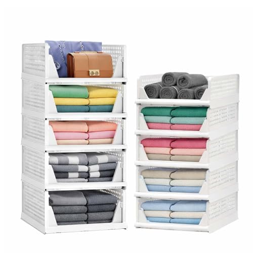Image of Go Hooked Foldable Wardrobe Organizer with Drawer Style Pull Out Design | Pack of 10 (5Large+5Small) 44x34cm Shelf Storage Box | Heavy Duty Plastic Shirt Stacker for Cupboard, Almirah & Closet | White