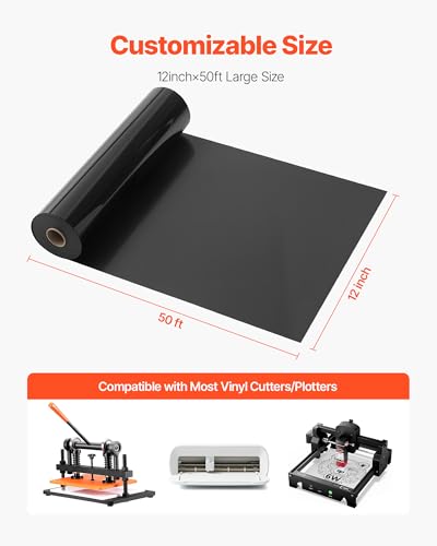 Image of VEVOR Heat Transfer Vinyl, 12 in x 50 ft, Glossy Black HTV Iron on Vinyl Roll, Easy to Cut and Weed, Strong Adhesion, Compatible with Cutting Machines, for Various Materials, T-Shirts, Pillows, Hats