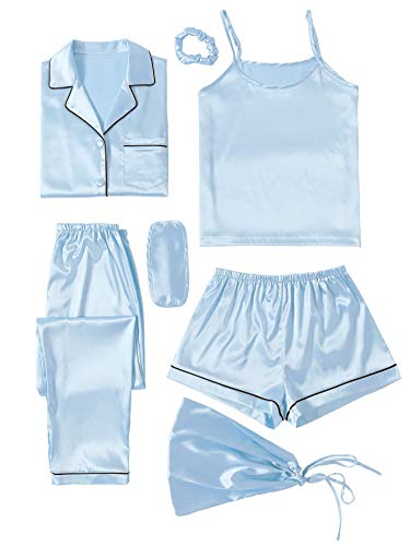 Image of LYANER Women's Silky Satin Pajamas Set | Collar Button Down Long Sleeve Shirt Sleeveless Cami Elastic Waist Shorts and Pants Sleepwear Loungewear 7pcs Pjs Set