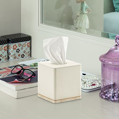 Tissue Box Cover Square Resin Tissue Holder For Home Decor,Hand Carved Leather Tissue Box Holder,5 X 5 X 5.5 Inches, Beige #TOP2