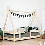 Color : Beige Cama Infantil en Forma de Tipi NAKANA con barandilla de Seguridad - Madera Maciza - Natural - 90 x 190 cm