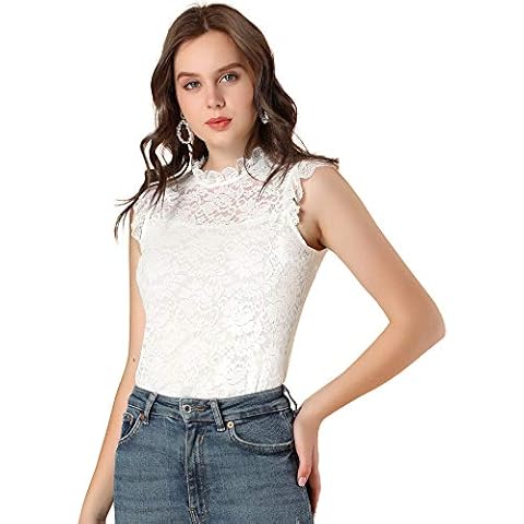 Allegra K Blusa sin mangas de encaje floral blanco Cover