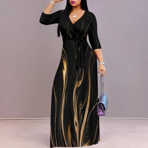 Image of Plus Size Maxi Dress for Women V Neck 3 /4 Sleeve Wrap Dress Black Gold XXL | Black Gold Floral Women's Maxi Dress