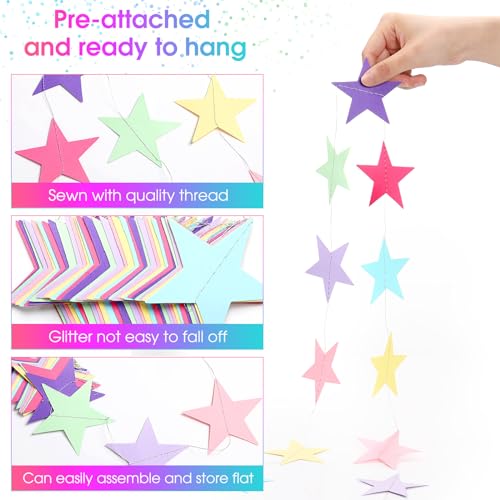 Image of Patelai Glitter Star Garland Banner 2026 Party Decor 130 Feet Star Hanging Streamers Twinkle Backdrop for Classroom Birthday Graduation Wedding Supplies(Macaron Color)