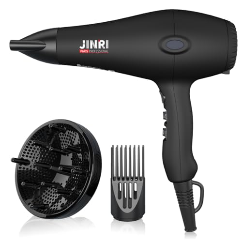 JINRI Hair Dryer, 1875W, 3 Heat & 2 Speed, with Diffuser, with Concentrator, Detachable Air Intake, Ionic Technology & Infrared - Black, Hanging Strap, Non-Foldable JR-108
