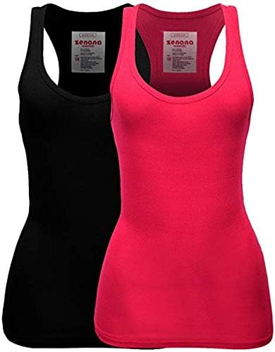 Zenana Women's Plain Solid Color Ribbed Racerback Tank Top Shirt Plus Sizes (Small, 2 Pack: Black | Hot Pink)