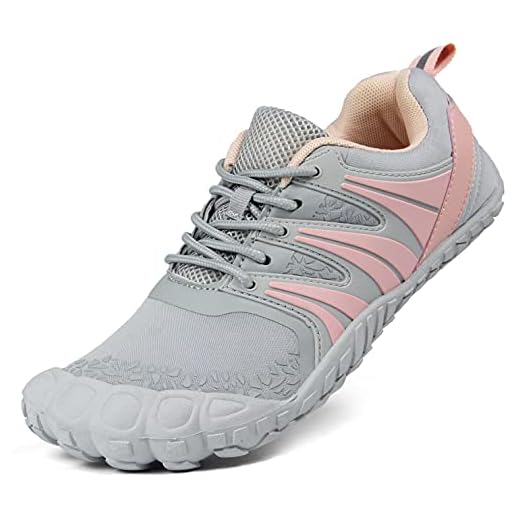 Oranginer Barefoot Zero Drop Shoe for Women Flat Minimalist Workout Shoe Trail Running Wide Toe Box Five Finger Sneaker Squatting Strength Cross Training Shoe Gray Pink Size 6.5