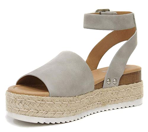 Image of Soda Topic Grey Casual Espadrilles Trim Rubber Sole Flatform Studded Wedge Buckle Ankle Strap Open Toe (11)