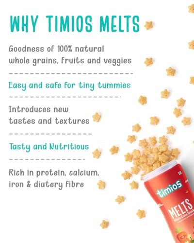 Image of Timios Melts Wholegrain Teething Puffs - Carrot & Cumin, Preservative‑Free, No Maida, Non-Fried, Iron & Fiber-Rich, Travel‑Friendly Snack, Healthy Snacks for Kids, 2x50 g