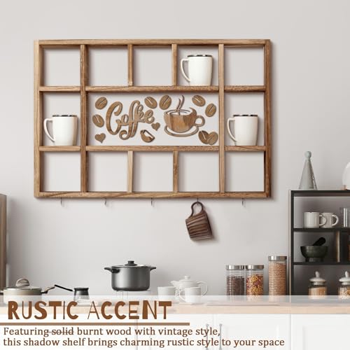 Cinnvoice Oversize Coffee Mug Display Shelf for Wall Wood Coffee Mug Rack Wall Mounted Shelf Cubes Cup Hooks Hanger with Bar Sign Decor for Kitchen Station Bar Accessories(Brown) - Image 3