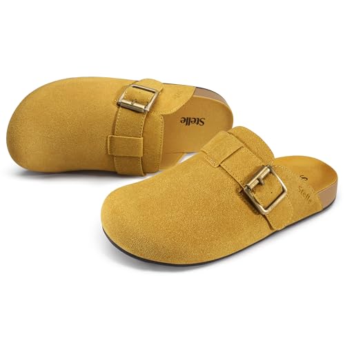 Stelle Suede Clogs for Women Men Potato Shoes with Arch Support Leather Cork Footbed Mules Slip on Home Slippers(Mustard,8)