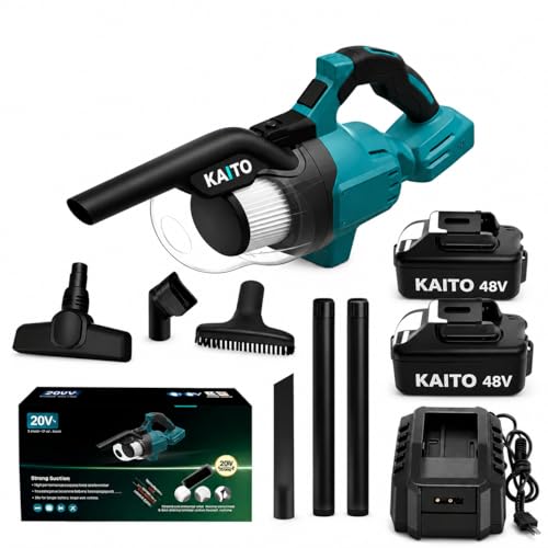 Image of KAITO Cordless Vacuum Cleaner 48V (300W) | 9.6KPa Powerful Suction, 800ml Dust Capacity | Portable Handheld Vacuum with 2 Batteries, Charger & Attachments | for Car, Home & Floor Cleaning