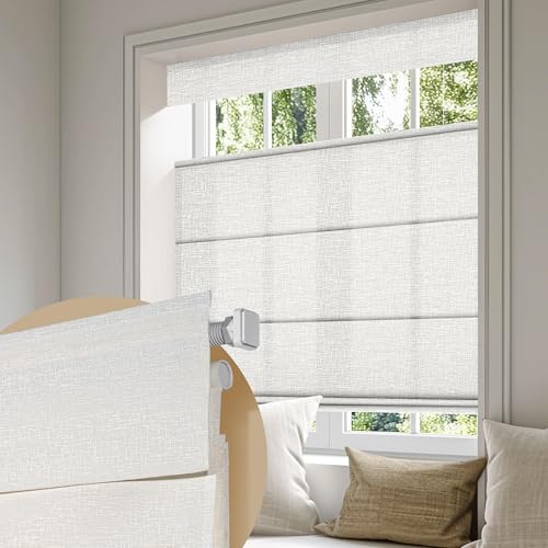 Boolegon No Drill Cordless Roman Shades for Windows, No Fray Light Filtering Top Down Bottom Up Roman Blinds No Tools,Easy Install for Indoor Windows, Living Room, Bathroom,LMY White,Custom Size