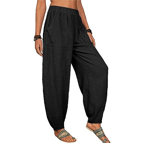 Women's Casual Tapered Harem Pants Loose Fit Style Ankle Trousers Summer Baggy Wide Leg Pants Elastic (Black, XXL)3