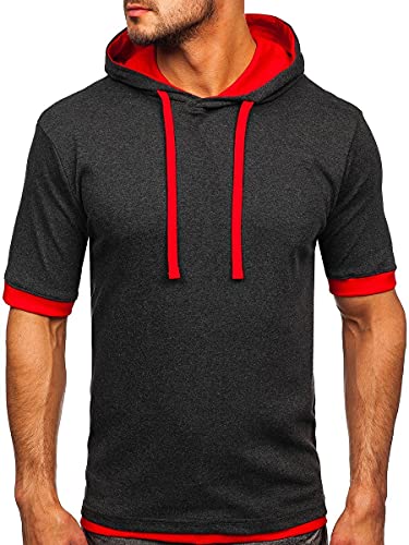 BOLF Herren T-Shirt mit Kapuze Einfarbig Kapuzenshirt Kurzarmshirt Basic Sommer Männer T-Shirt Kurzarmshirt Einfarbig Männer Kurzarm Sportswear 08 Anthrazit-Rot XL [3C3]