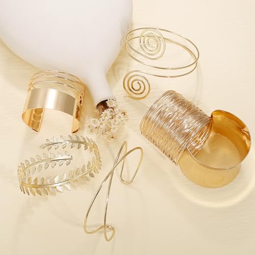 BROCC 6PCS Gold Cuff Upper Arm Band Bracelets for Women Gold Wrist Cuff Wrap Wide Wire Bracelet Open Adjustable Armband Set4