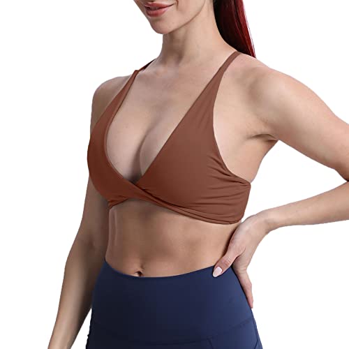 Aoxjox Women's Workout Sports Bras Fitness Backless Padded Sienna Low Impact Bra Yoga Crop Tank Top (Dandelion Brown, Small) #TOP1