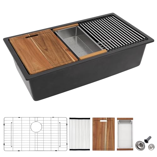 Photo 1 of 33 Granite Composite Kitchen Sink - Fulorni 33"x19" Granite Kitchen Sink Undermount Ledge Workstation Matte Black Quartz Classic Under Counter Single Bowl Sink Basin