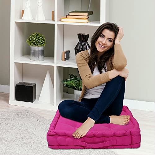 Image of HOME COLORS.IN Cotton Floor Cushion Square Chair Pad Seat Cushion for Living Room, Bedroom, Balcony Seating, Car Seat, Office Chair, Sofa & Meditation - 50x50x10 cm - Pink