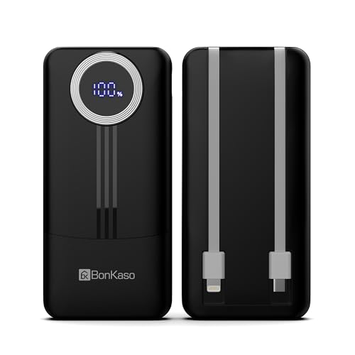 Image of BonKaso 10000mAh Power Bank 22.5W PD Fast Charging with Built-in 2-in-1 Type C & Lightning Cable, Digital Display, Dual USB Output, Compact Portable Charger for Android, iPhone, Tablets - Black