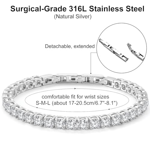 Tennis Bracelet for Women Men, 14K Gold Plated Round 5mm AAAA+ Cubic Zirconia CZ Dainty Classic Adjustable Stainless Steel Bracelets Festival Wedding Jewelry Gift (Steel, CZ 5mm) — view 5