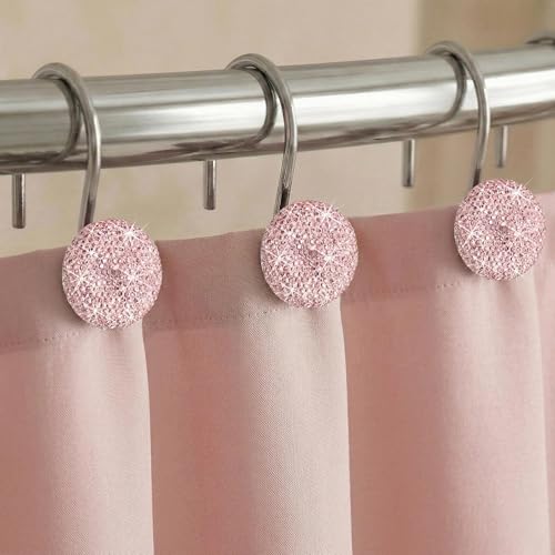 Blush Pink Crystal Shower Curtain Hooks: 12 Pcs Luxury Sparkly Rhinestone Decorative Shower Rings for Valentines Day Christmas Holiday Bathroom Decor - Elegant Bathroom Accessories & Gift