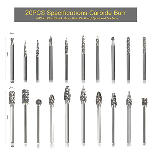 Image of HIDOTOL Carbide Burr Set 20PC 1 /8 inch Shank - 3mm Tungsten Double Cut Carbide Rotary Burr Set for Metal and Wood Carving, Grinding, Polishing, Engraving, Drilling.