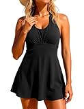 Hilor Women Halter Push Up Bathing Suit Dress Slimming Tummy Control One Piece Swimsuit Black 10