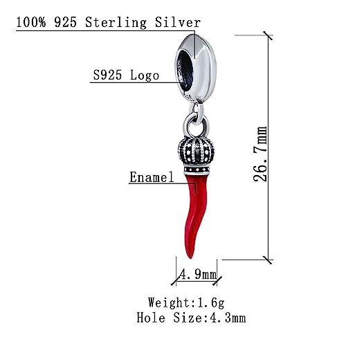 2025 Italian Horn Charms Dangle fit Pandora Lucky Bracelet, 925 Sterling Silver Italy Red Chili Pepper Pendant Beads with Regal Crown, Gifts for Grandma/Travel/Good Luck/Christmas2