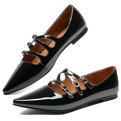 CouieCuies Women Mary Jane Flats Pointed Toe Ballet Shoes with Buckle Comfortable Mary Janes Dressy Flats Adjustable Strap