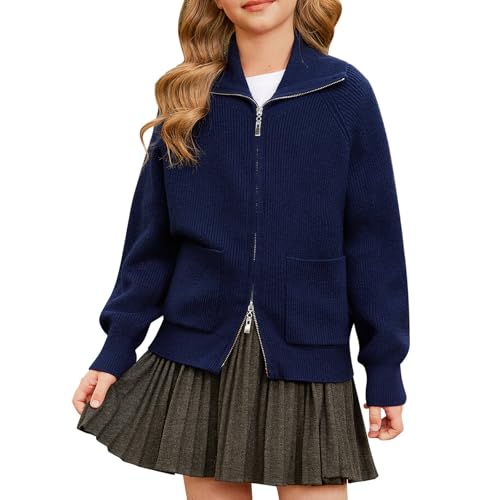 GRACE KARIN Cárdigan de punto con cremallera de manga larga con cuello de solapa para niñas, azul oscuro, 14 años