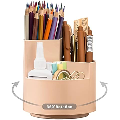 TIANSE Rotating Pen Holder, 3 Compartments Pen Pots Desk Pencils Organiser and Storage for Office and Home, Khaki Cover