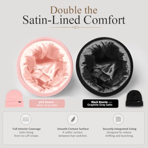 Image of 2 Pack Satin Lined Beanies for Men and Women Warm Cuffed Winter Hats | 60% cotton and 40% acrylic knit with smooth satin lining, stretch fit, cuffed ear coverage, and two-hat value for winter wear