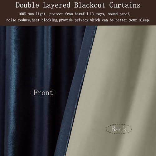 Image of 100% Blackout Navy Blue Velvet Curtains 102 inch Long for Living Room,2 Panel Back Tab Deep Blue Thermal Insulated Room Darkening Curtain with Liner Noice Reducing Soundproof Window Drapes for Bedroom