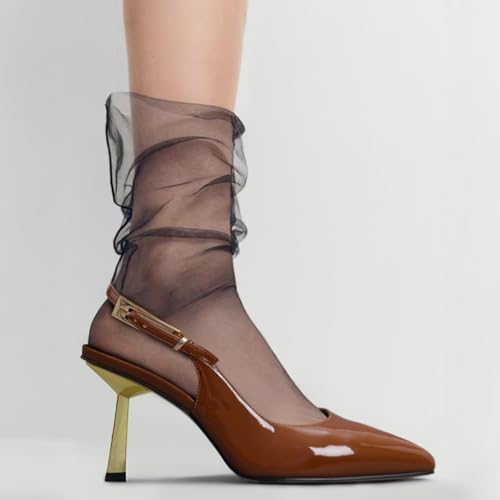 Pasuot Slingback Heels for Women - Brown Closed Toe Stiletto Metallic Heel, Pointed Toe Patent Leather Thin High Heeled Sandals for Women Ladies Dress Formal Office 3.1", Not for Wide Feet Size 82