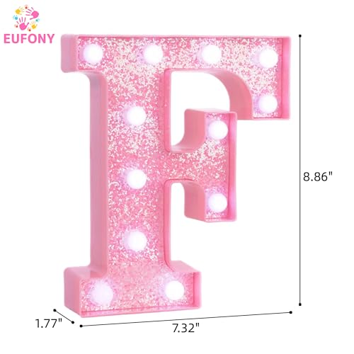 Image of Pink Marquee Light Up Letters, Glitter Alphabet LED Letter Lights for Pink Birthday Party Decorations, Battery Operated Letter Sign for Girls Room Vanity Table Decor, Cool White Lights Letter F