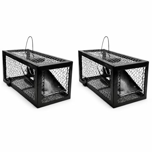 Image of PulGos Pack of 2 Mouse Trap Cage Rats | Heavy Duty Iron Rat Trap (Chuha Pinjara) | Rustproof Metal Catch & Release Trapper | Durable Rodent Cage for Home, Kitchen Use(Black)