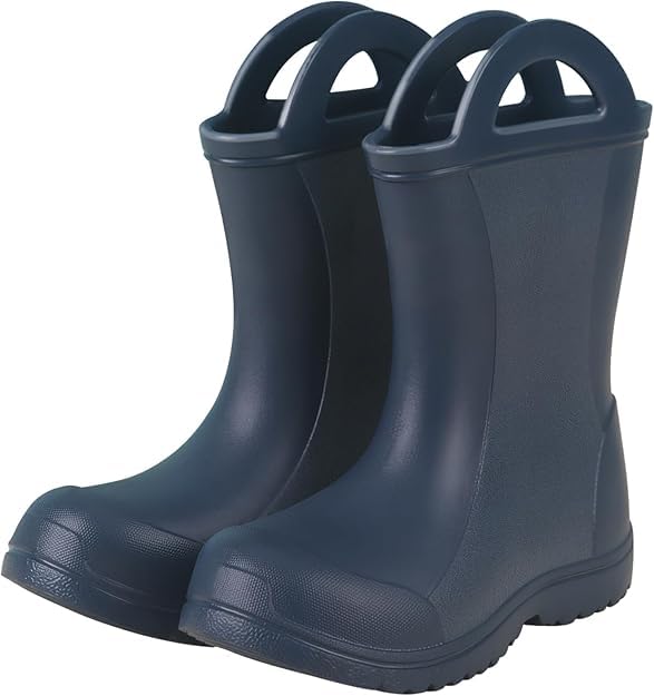 Baiyouli Botas de Lluvia para Niños de Pequeños a Adolescentes, Botas de Agua de EVA Ligero y Cómodo, Zapatos de Lluvia Sin Forro con Asa para Calzar y Quitar, Azul Marino, 29 EU