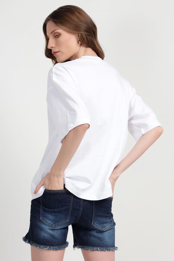 Image of Oversized Baggy Fit Drop Shoulder Half Sleeves Round Neck Solid Pure 100% Cotton T-Shirt for Women (Available in White, Black,Navy Color)