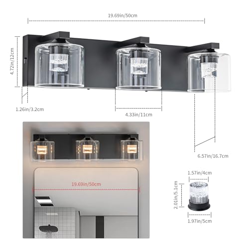 Image of foucasal LED Bathroom Vanity Lights, 5CCT Dimmable 2700K-4500K Vanity Light Fixtures Over Mirror, Modern Vanity Lighting for Bathroom Restroom Hallway Living Room (Black, 3-Light)