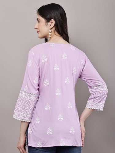 Image of Women's Pink Printed Short Kurti with Lace Trim, 3 /4 Sleeves, Ethnic Indian Style Top
