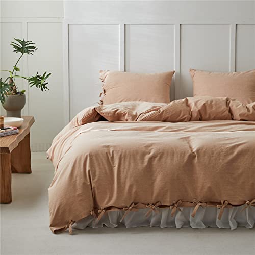 BISELINA 100% Washed Cotton Duvet Cover Set 3pcs with Bowknot Ties Strap Solid Color Linen Like Textured Durable Breathable Soft Comfy Chic Bedding (Queen, Cinnamon)